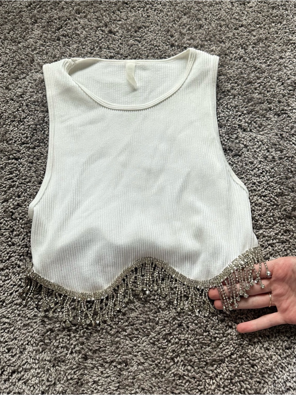 Beaded Fringe White Crop Tank Top